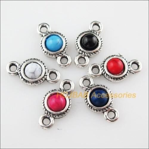 Fashion 12Pcs Tibetan Silver Round Mixed Stone Charms Pendant Connectors 8.5x16mm