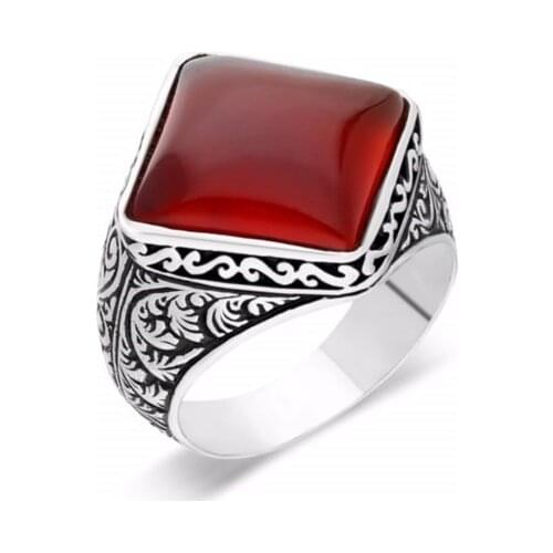 Sterling Silver Square Agate Stone Mens Ring , Turkish Handmade Ring