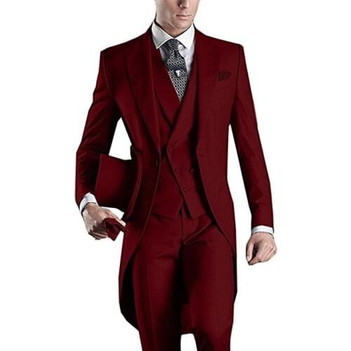 New Arrival Groomsmen Burgundy Groom Tuxedos Peak Lapel Men Suits Wedding Best Man Blazer ( Jacket+Pants+Tie+Vest ) C163