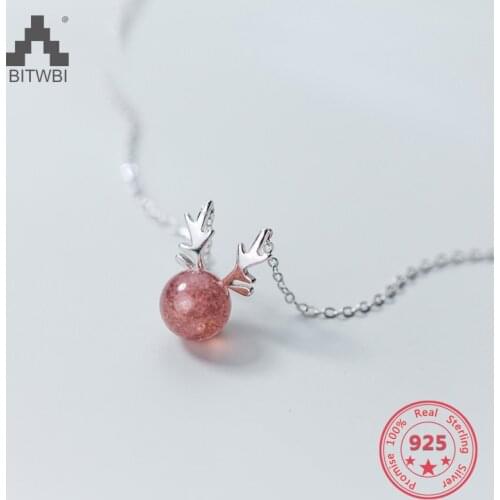 Japan Korea Style 925 Sterling Silver Fashion Cute Sweet Strawberry Quartz Elk Antlers Pendants Necklace Women Jewelry