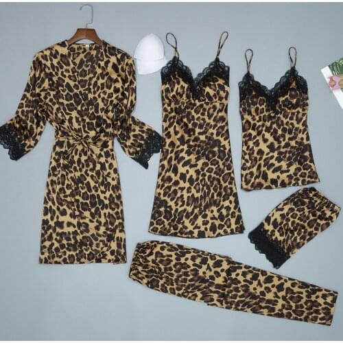 Satin Women Leopard 5PCS Pajamas Set Sexy Lace Sleep Set 5PCS Sleepwear Long Sleeve Casual 5PCS Nightwear Female Home Clothes