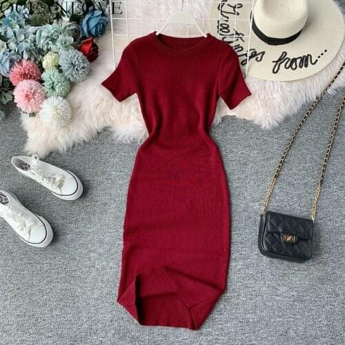 O-neck Knitting Stretch Retro High Waist Vestido Sexy Dress Women Solid Bodycon Short Sleeve Summer Mini Dresses
