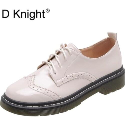 Patent Leather Lace-Up Chunky Women Oxford Shoes Flat England Carved Womens Brogue Autumn Oxford Shoes For Woman Big Size 30-43