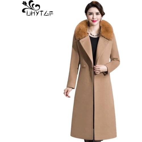 UHYTGF Spring Autumn Clothes Long Wool Coat Women Double Breasted Fur Collar Woolen Trench Coat Female Plus Size Outerwear 944