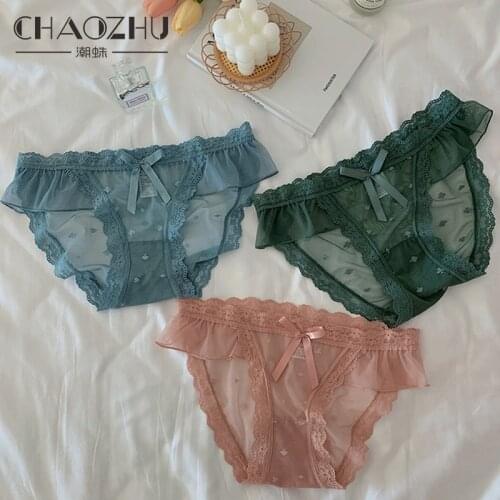 CHAOZHU Funny Polka Dot Cute Bow-knot Panties Sweet Lace Sexy Lingerie Transparent Net Yarn Girl Briefs 4 Colors Underwear Women