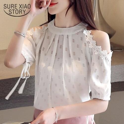 2021 Summer Womens Loose Korean Chiffon Blouse Solid Pullover Ladies Tops Casual Off-Shoulder Short-Sleeve Women Shirts 9246