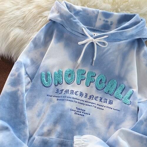 High Quality Sky Blue Tie Dye Letter Embroidery Hoodies Women Oversized Streetwear Fashion Teens Clothes 2021 New Fashion Korean