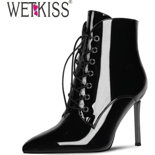 WETKISS Womens Patent Leather Lace Up Ankle Boots Stiletto High Heel Pointed Toe Booties Winter Boots For Women