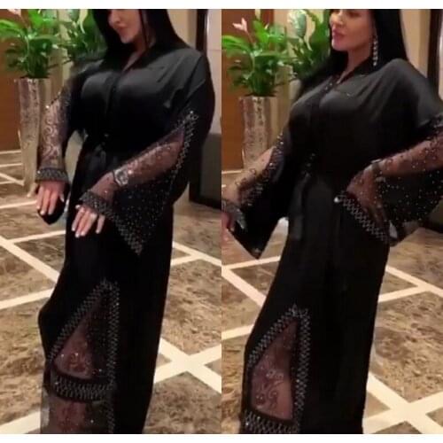 Ladies Diamond-studded Robe Suspenders Muslim Temperament Stitching Mesh Robe Banquet Islamic Robe Elegant Arab Robe Noble