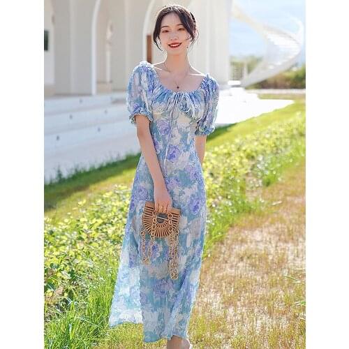 Summer Ins Retro Korean Style Puff Sleeve French Literary Temperament First Hand Long Dress Bohemia Travel Beach Print Dress