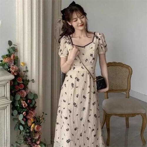 Korean 2021 Autumn Floral Dress Women Evening Party Casual Short Sleeve Vintage Dresses Female Peter Pan Collar One-Piece Dress