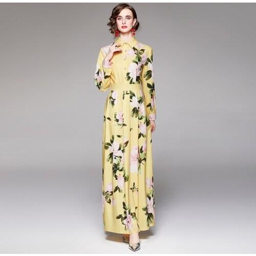 2021 Fashion Autumn Yellow Flower Womens Turn Down Collar Long Sleeve Single-Breasted Vintage Vacation Maxi Shirt Dress Vestido