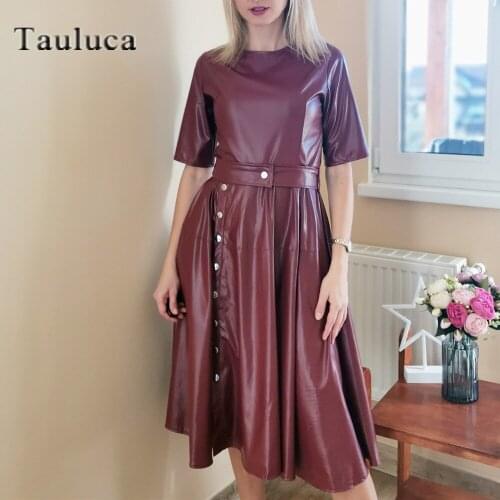 Vintage O Neck Half Sleeve Soft High Quality Faux PU Leather A Line Dress Women With Belt Fashion Elegant Chic Casual Dresses