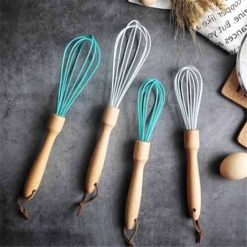 Silicone Egg Beaters Wood Beech Pastry Baking Tools Gadgets Egg Powder Stirring Rotary Kitchen Hand Egg Mixer Cooking Foamer 1PC