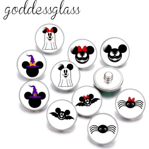 Disney Halloween Mickey Minnie Ghost Bat Spider Witch 10pcs Round photo glass 18mm snap buttons for 18mm snap bracelets jewelry