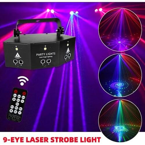 9-eye RGB Disco Lamp DMX Remote Control Stage Strobe Light Dj Led Laser Light Halloween Christmas Bar Party Projetor Home Decor