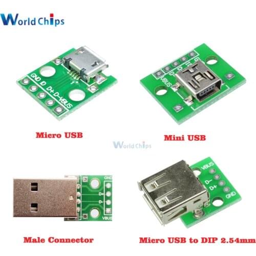 Micro / Mini USB Type A Male/USB Type A Female Interface Adapter to 2.54mm DIP PCB Board Adapter Converter Breakout Board Module