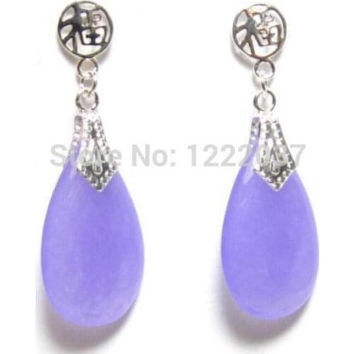 Free Shipping Natural jade 20X12mm Lavender 925 Silver Good Fortune Post Earrings