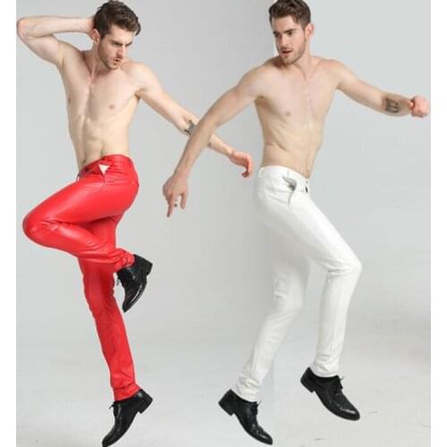 Tight faux leather pants mens feet pants fashion motorcycle pu trousers men personality pantalon homme autumn winter red white