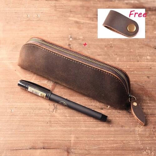 Genuine Leather Simple Style Pen Pencil Case Holder Box Bag Storage Container for Fountain Pen Ballpoint Pen +A Cable Winder