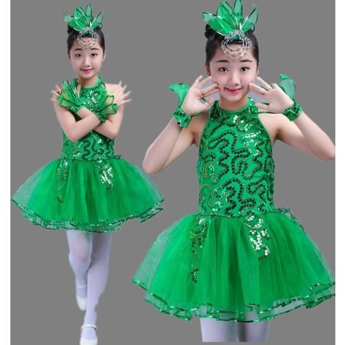 Children Latin Grass Performance Clothing Green Puffy Princess Dress Girls Jasmine Chorus Suit Modern Dance Ballet Dress