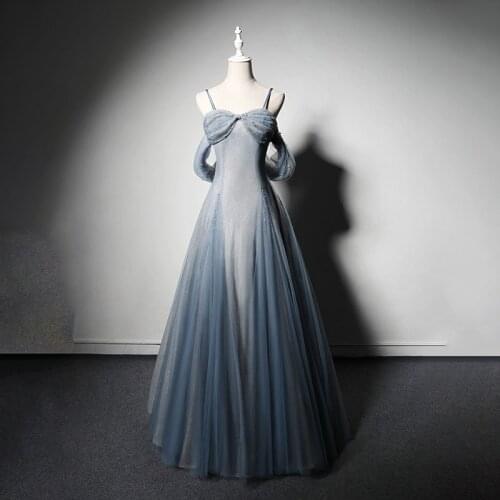 Spaghetti Strap Elegant Evening Dress Boat Neck Backless A-Line Short Sleeves Floor-Length New Party Formal Dresses Woman B1007