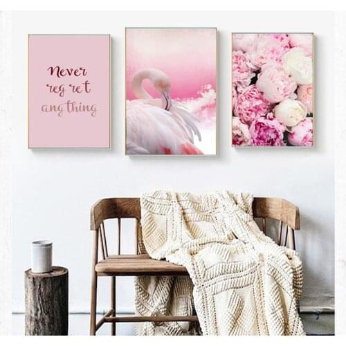 Flamingo Rose Pink Colorful Home Decor Nordic Canvas Girl Bedroom Living Room Picture Animal Flower Word Print Wall Art Painting