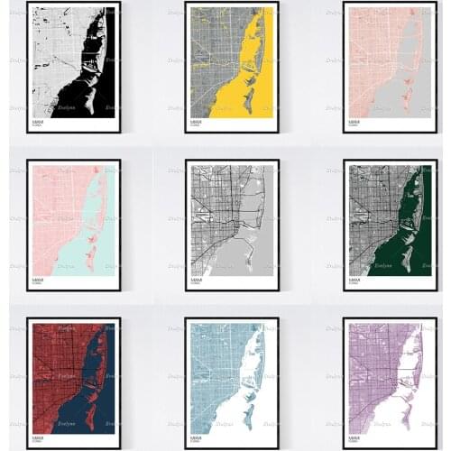 Miami, Florida Map Nordic Retro Minimalism Painting Posters and Prints on Canvas Wall Art Modular Pictures Home Decor Gift