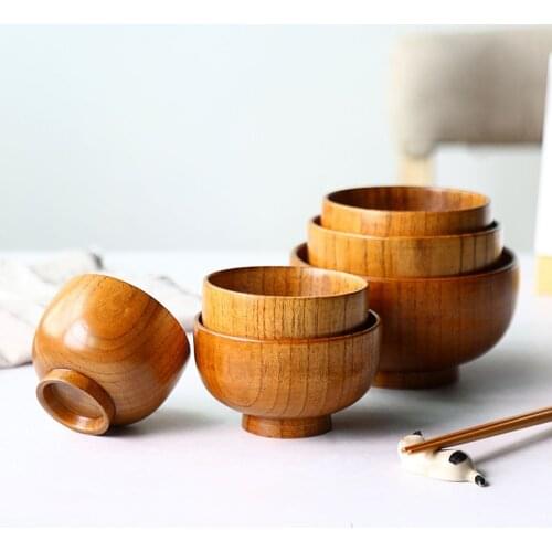 Natural Wooden Bowl Round Salad Bowl Noodles Soup Creative Food Tableware Dessert Fruit Bowl Kitchen Dinnerware Practical