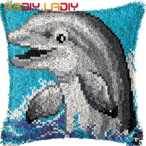 Latch Hook Cushion Singing Dolphin Pillow Case Acrylic Yarn Pillow Pre-Printed Color Canvas Crochet Cushion Cover Hobby & Crafts