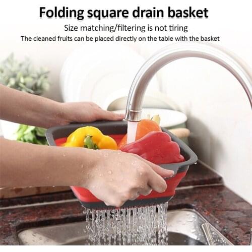 Square Shape Drain Basket Collapsible Colanders Foldable Silicone Kitchen Organizer Fruit Vegetable Baskets Folding Strainers