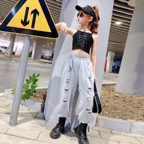 Girls Summer Hip-hop Vest Top 2021 Summer Girl Ripped Wide Leg Pants Drawstring Suspenders Ripped Sweatpants