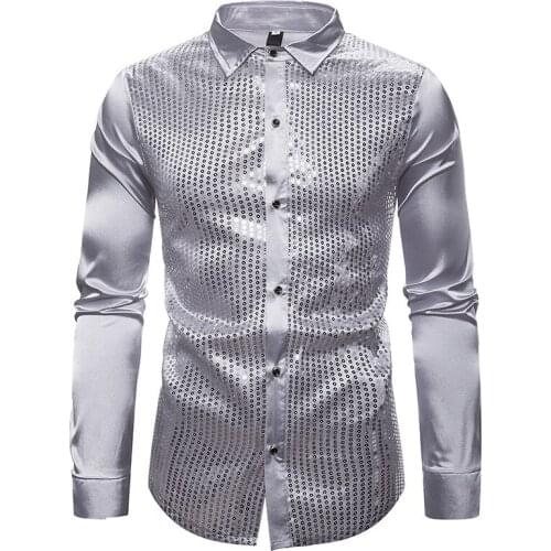 Mens Sequin Shirts Long Sleeve Performance Shirt Nightclub Singer Host Dancer Stage Costume Ball Party Prom Gold Silver Black