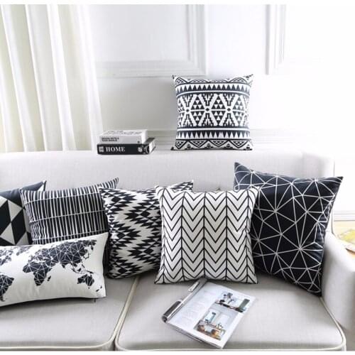 Black White Cushion Covers Home Decorative Pillows Case Geometric Pattern Throw Pillows Cover Map Velvet Pillow Case For Sofa