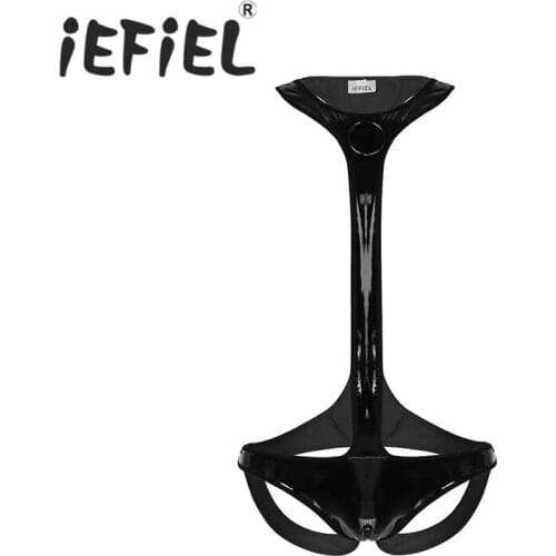 Newest Sexy Mens One-piece Wet Look Faux Leather Mankini Stretch Open Thong Bikini Briefs Underwear Jockstrap with Metal O-ring