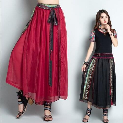 2020 Summer New National Style Womens Chiffon Loose Wide Leg Pants Straps Decoration Bohemia Trousers Skirt Mujer Faldas k295