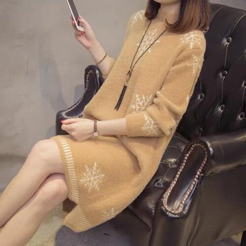 Autumn Mid-length Faux Mink Cashmere Knitted Dress Female Thicken Snowflake Pattern Knit Ladies Pullover Sweater Dresses Vestido