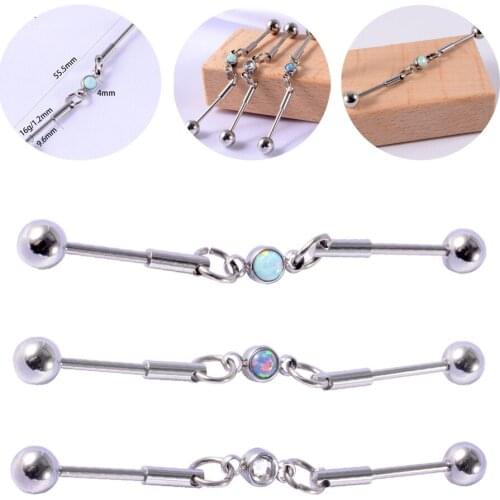 1PCS 16G Stainless Steel Industrial Barbell Piercing Opal Earring Straigh Bar Cartilage Ear Piercing Barbells Can Move Jewelry