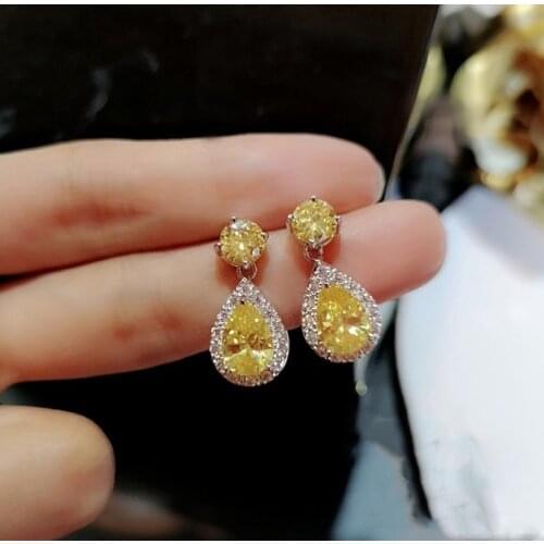 Yellow AAA Cubic Zirconia Classic Big Drop Crystal Silver Color Earring Luxury Bridal Plata Wedding Earrings for Women Stamp