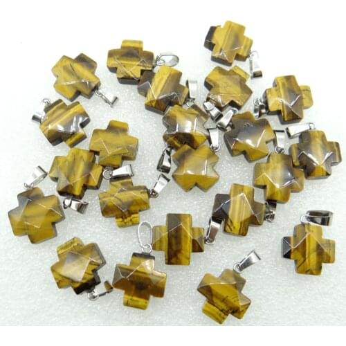 2020 Natural Stone Mix Quartz Crystal tiger eye Opalite Howlite Charms Faceted Cross Pendant For Jewelry Making necklace 10PC