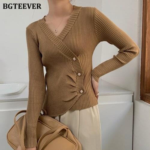 BGTEEVER V-neck Skinny Women Open Stitch Sweaters Vintage Full Sleeve Single-breasted Slim Female Solid Knitted Cardigans Tops