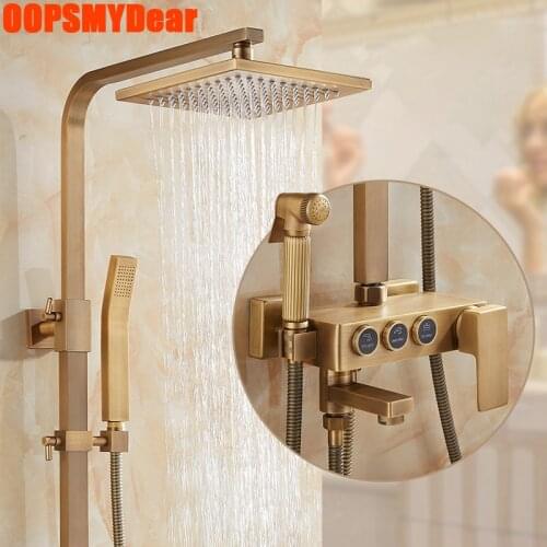 Thermostatic Shower System Bathroom Wall Mount Hot Cold Shower Set Antique Brass Bath Faucet SPA Rain Vintage Square Head Tap