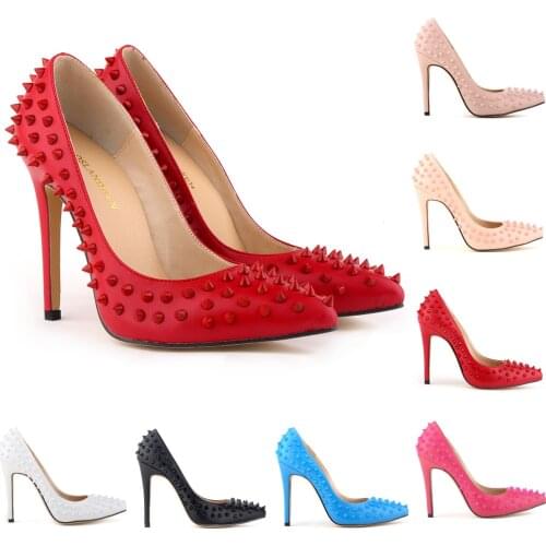 Women pumps Rivet Patent leather high heels PU women shoes Pointed Toe 11CM Thin Heels Party Wedding Dress Shoes