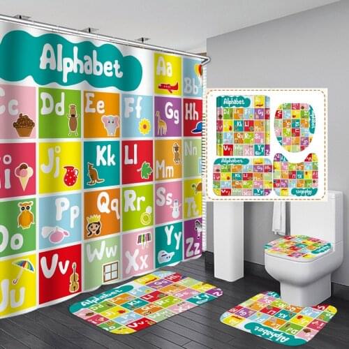 Waterproof Polyester Shower Curtain with Hooks Alphabet Design 3D Printed Non-Slip Rug Kitchen Toilet Cover Bath Mat Set 4pcs