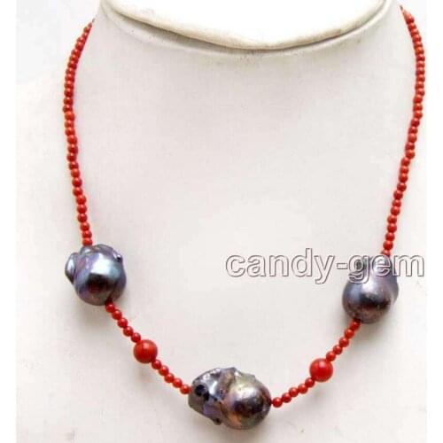 Fashion jewelry Free Shipping SALE 14*25mm Baroque Black Nuclear pearl & 3-4mm Red Coral 18'' Necklace