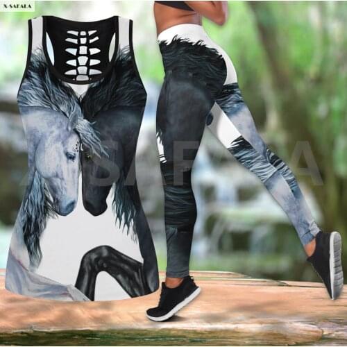 Love Horse Two Piece Yoga Set Women 3D Print Vest Hollow Out Tank Top High Waist Legging Summer Casual Sport