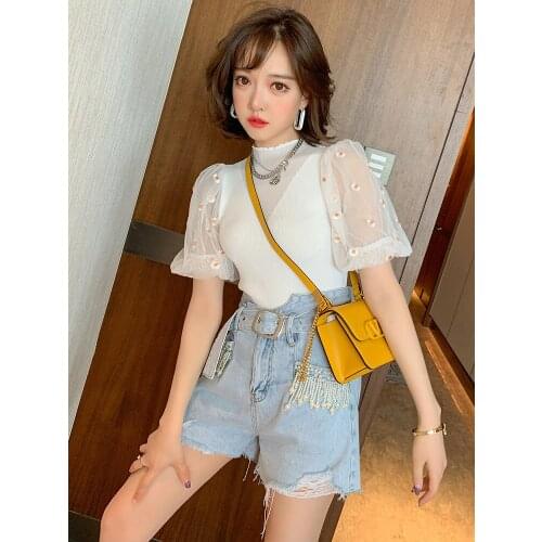 Top Quality Stitching mesh Daisy embroidery Auricularia lace collar knitted top for womens new summer