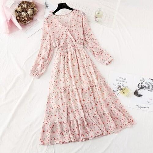 2020 Spring Korean Floral Printing V-neck Long Dress Women Summer Chiffon Long Sleeve Dress A-line Party Vestidos