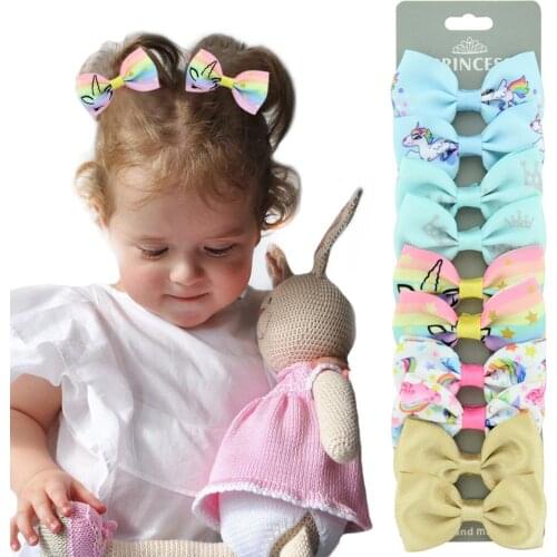 10pcs/set 2.75" Print Unicorn Rainbow Hair Bows Handmade With Clips For Kids Girls Hairpins Hair Accessories