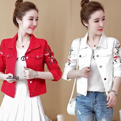 #3129 Spring Windbreaker Slim Jeans Jacket Women Flowers Embroidery Red/White Denim Jackets Ladies Short Outerwear Coat Slim